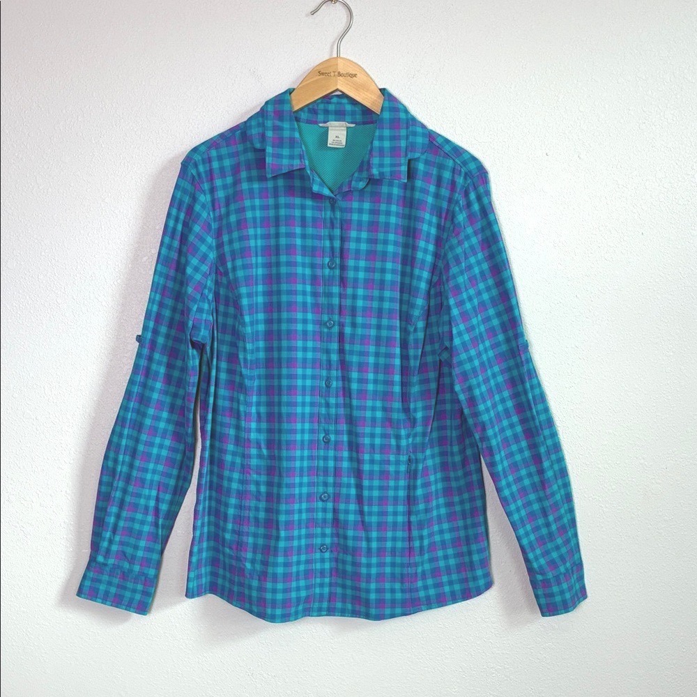 DULUTH TRADING XL Blue Purple Checked Plaid Performance Button Up Shirt‎ Spring